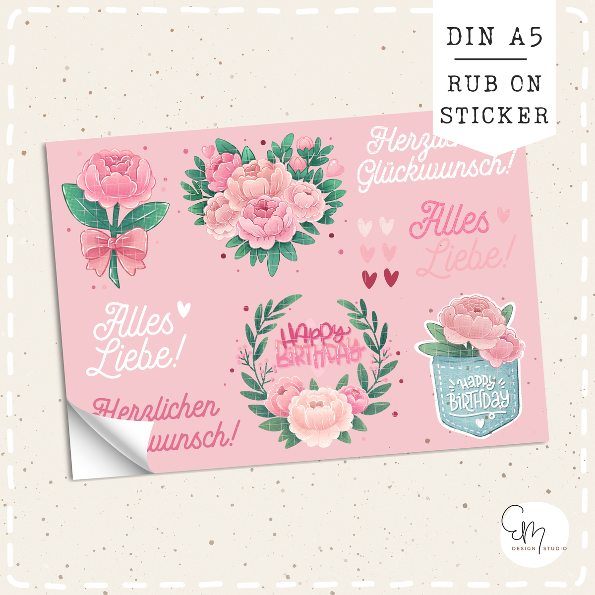 Rub On Sticker - "Pfingsrosen Geburtstag" - Ella Mattsson©