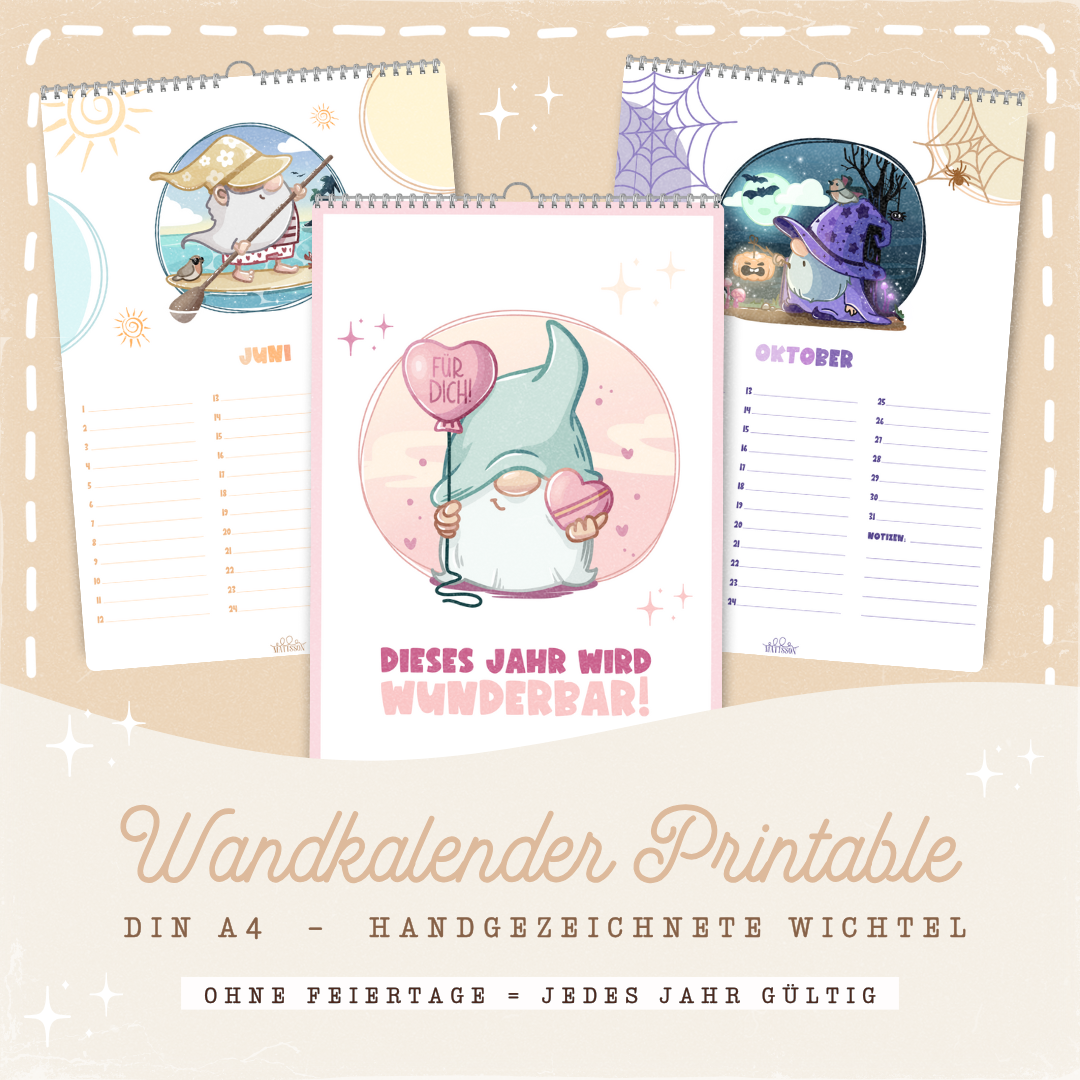 Druckvorlage Wandkalender - "Bunte Wichtel"