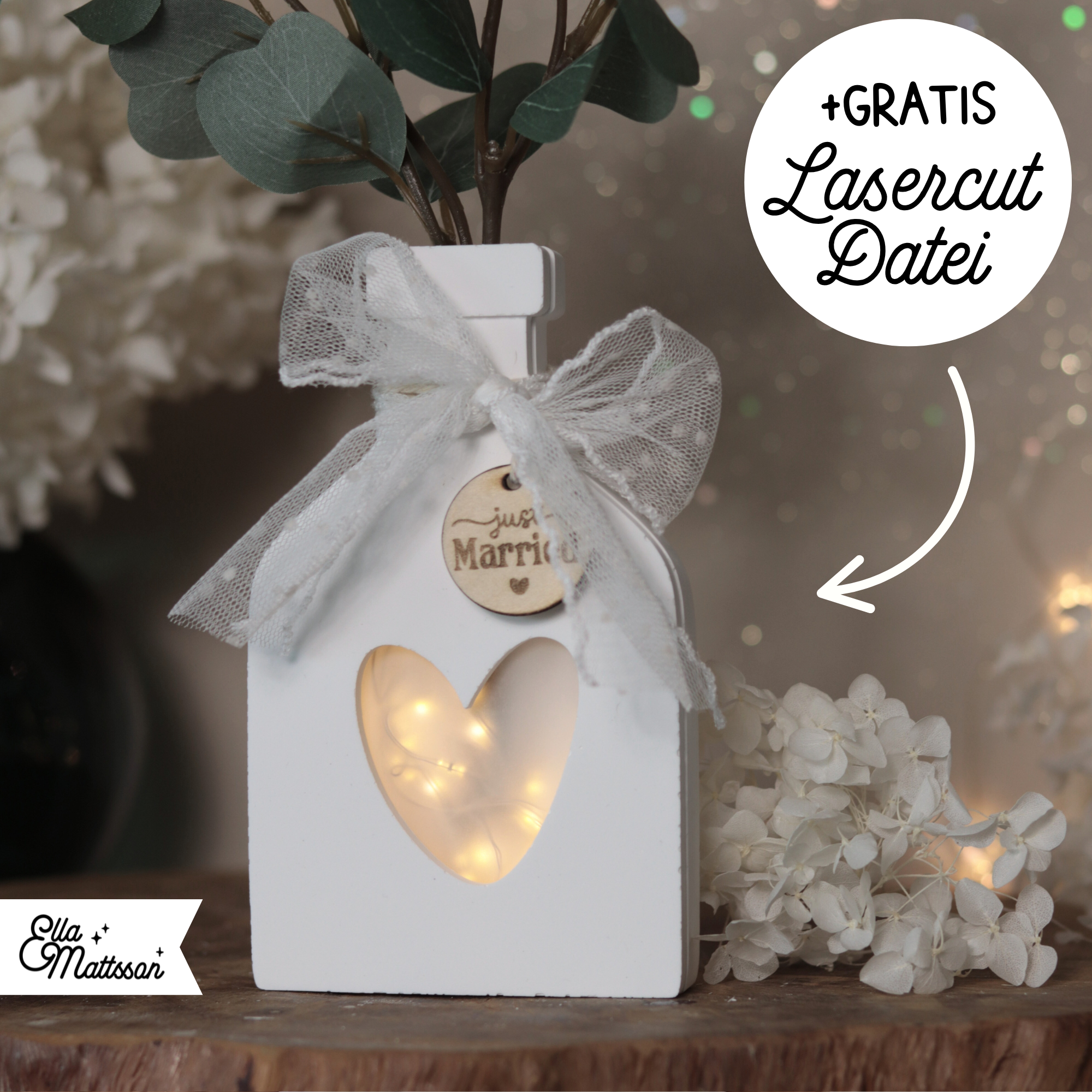 Silikonform - Leuchtvase "Solina" mit Herzdeckel + Gratis Lasercut Dateien für Etikett und Anhänger