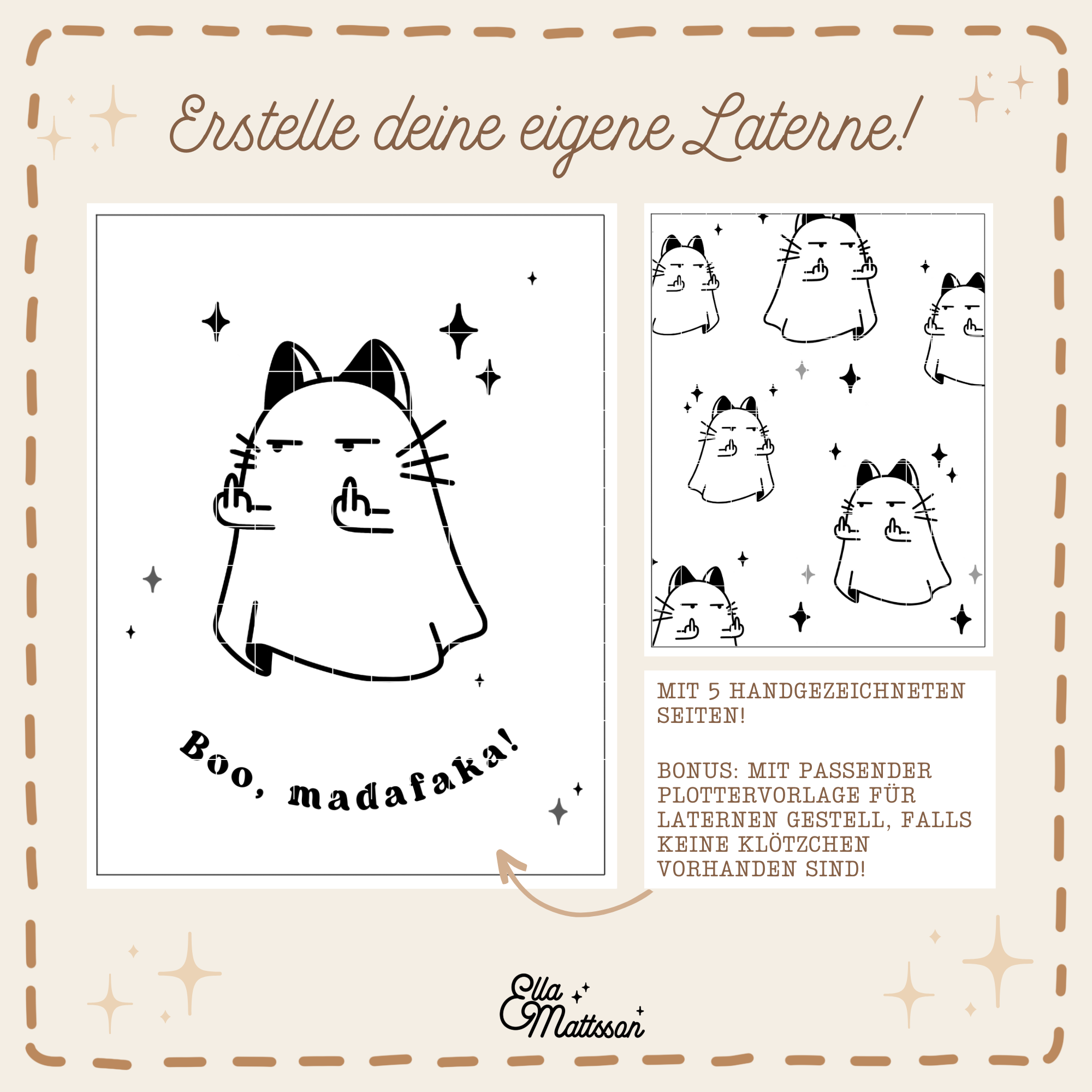 Laterne Druckvorlage - "Boo Madafaka - Middle Finger Ghost Cat" - Ella Mattsson©