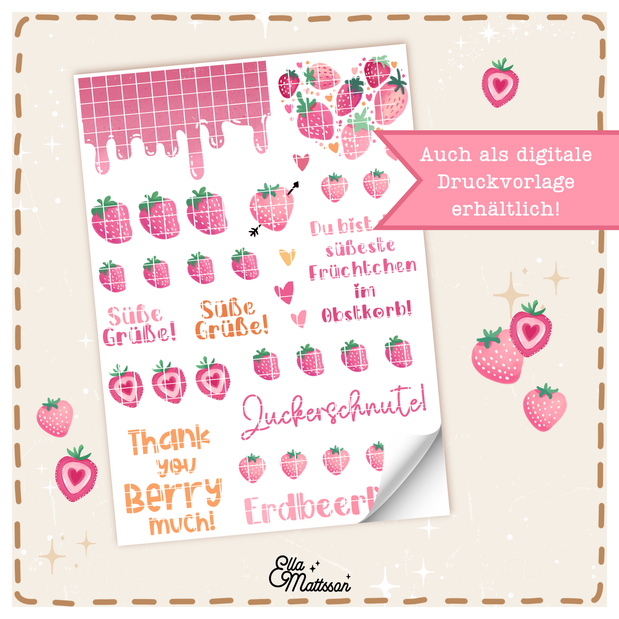 Kerzensticker Bogen - "Erdbeer Liebe" - Ella Mattsson©