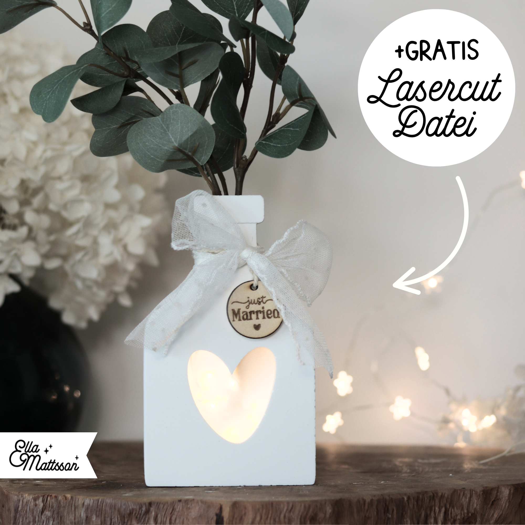 Silikonform - Leuchtvase "Solina" mit Herzdeckel + Gratis Lasercut Dateien für Etikett und Anhänger
