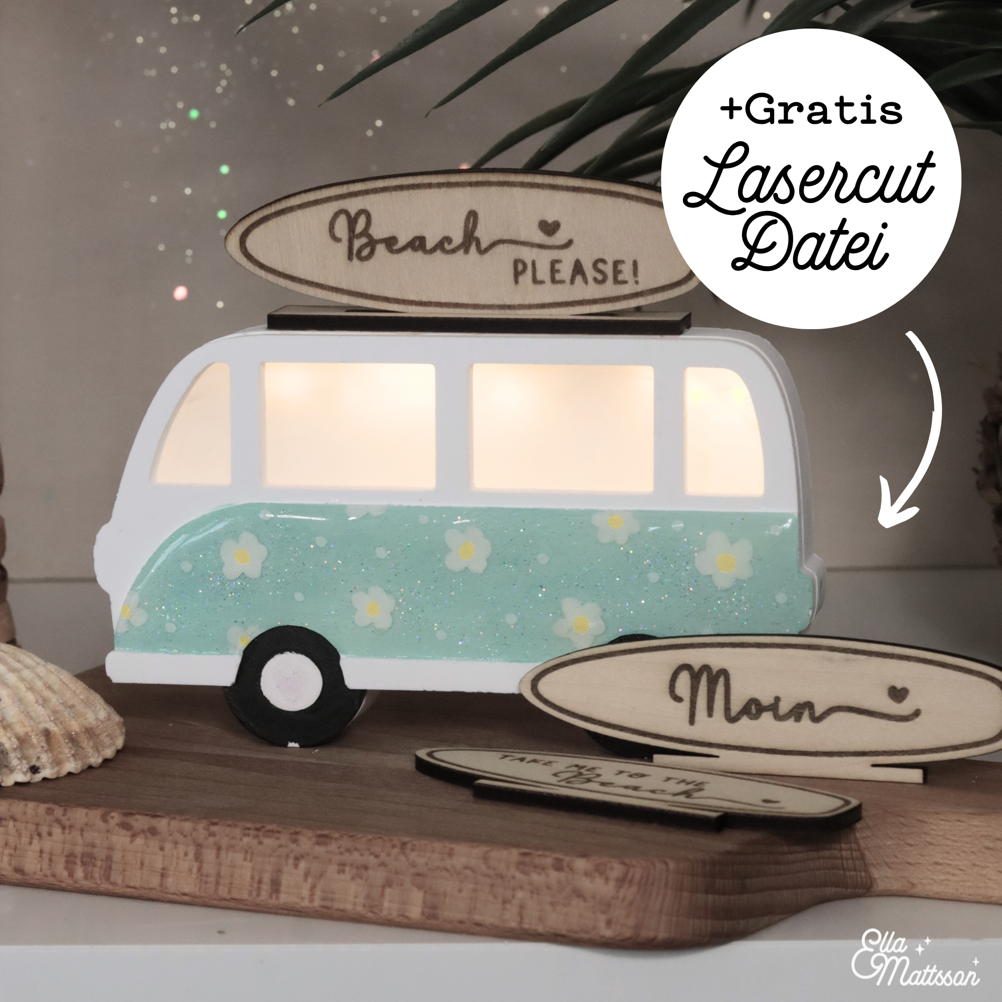 Silikonform - Leuchtender Retro Bus "Luma-Van" mit Gepäckträger + kostenlose Lasercut Dateien